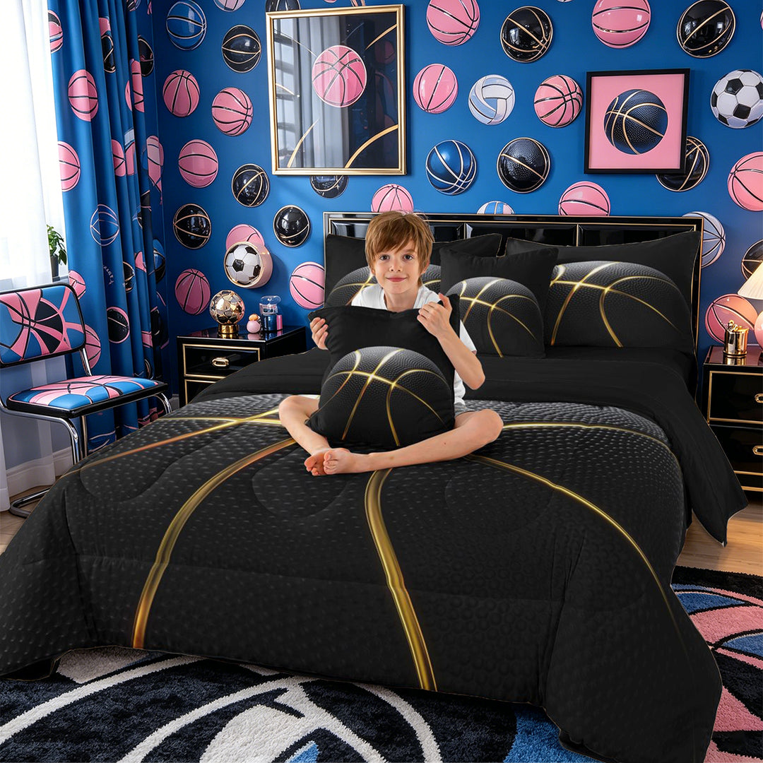 Meiyoeat Black Gold Basketball Print Full Size Bedding Sets 7 Pieces, Sport Ball Pattern Full Size Bed in a Bag,Black Reversible
