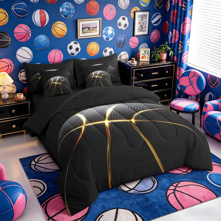 Meiyoeat Black Gold Basketball Print Full Size Bedding Sets 7 Pieces, Sport Ball Pattern Full Size Bed in a Bag,Black Reversible