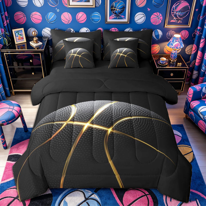 Meiyoeat Black Gold Basketball Print Full Size Bedding Sets 7 Pieces, Sport Ball Pattern Full Size Bed in a Bag,Black Reversible
