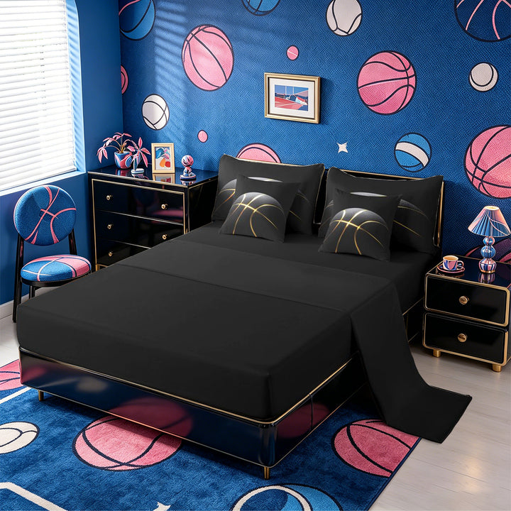 Meiyoeat Black Gold Basketball Print Full Size Bedding Sets 7 Pieces, Sport Ball Pattern Full Size Bed in a Bag,Black Reversible