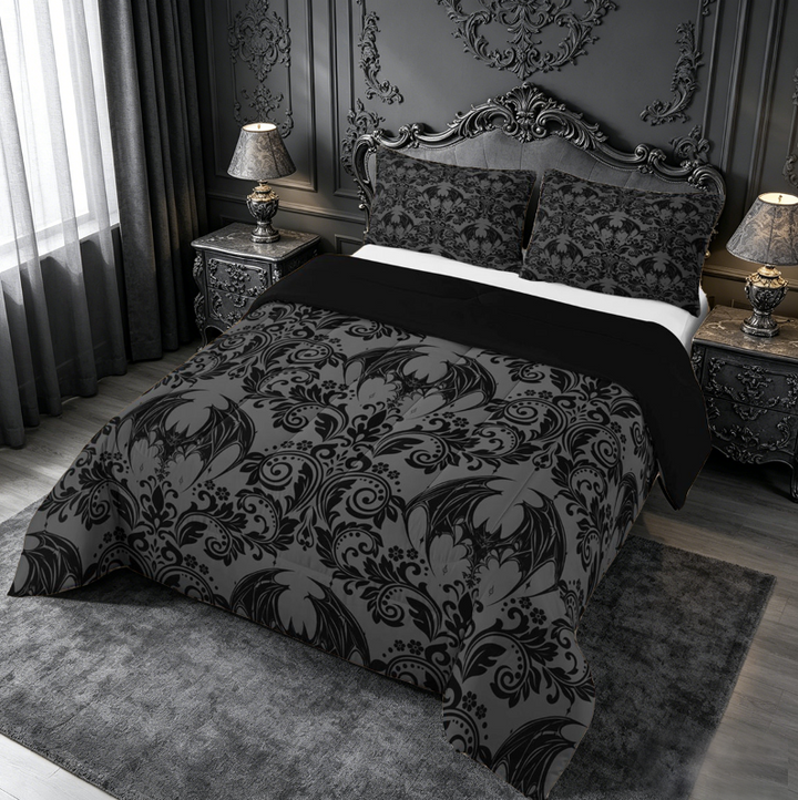 meiyoeat Spooky Gothic Bat King Size Comforter Sets,Gray Classic Damask Floral Comforters King Size For Adults, Black Gray,Black Reversible,3-Piece