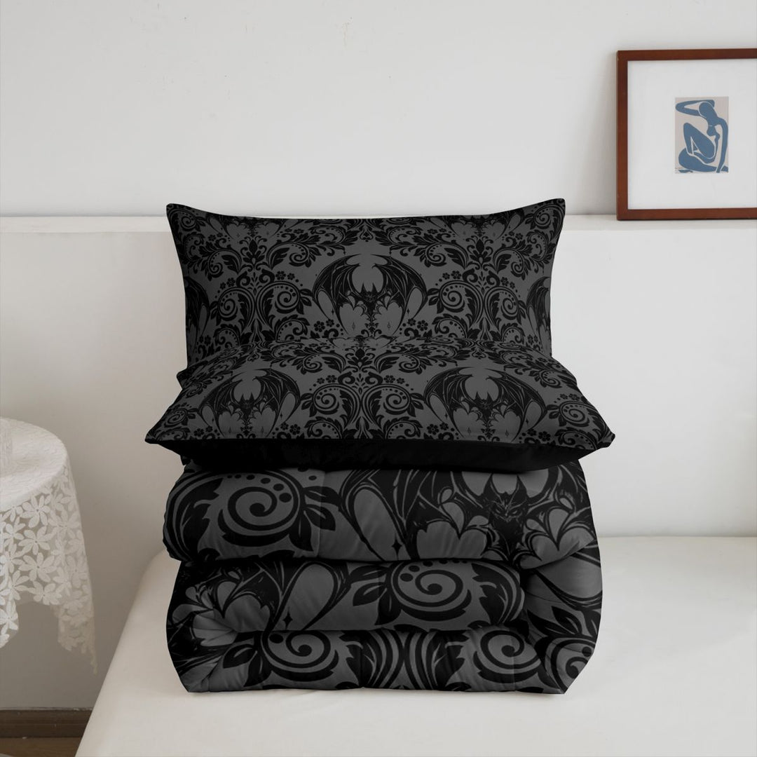 meiyoeat Spooky Gothic Bat King Size Comforter Sets,Gray Classic Damask Floral Comforters King Size For Adults, Black Gray,Black Reversible,3-Piece