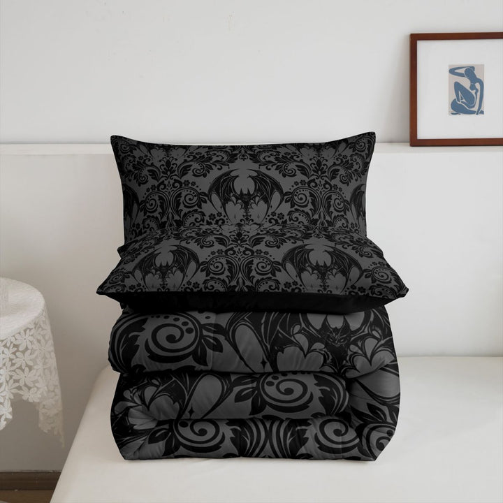 meiyoeat Spooky Gothic Bat King Size Comforter Sets,Gray Classic Damask Floral Comforters King Size For Adults, Black Gray,Black Reversible,3-Piece
