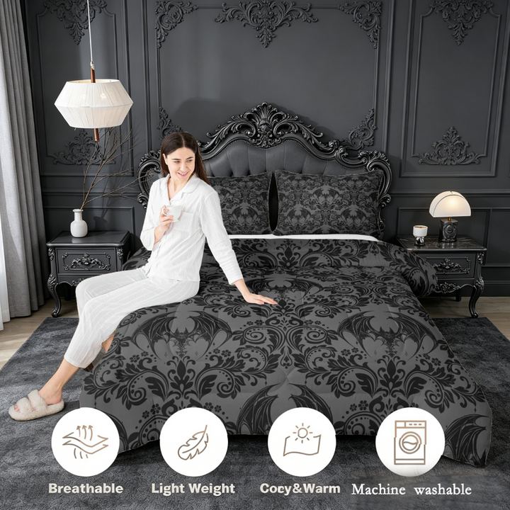 meiyoeat Spooky Gothic Bat King Size Comforter Sets,Gray Classic Damask Floral Comforters King Size For Adults, Black Gray,Black Reversible,3-Piece