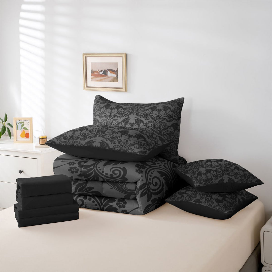 meiyoeat Spooky Gothic Bat 7-Piece King Bedding,Gray Classic Damask Floral King Bed in a Bag For Adults, Black Gray,Black Reversible