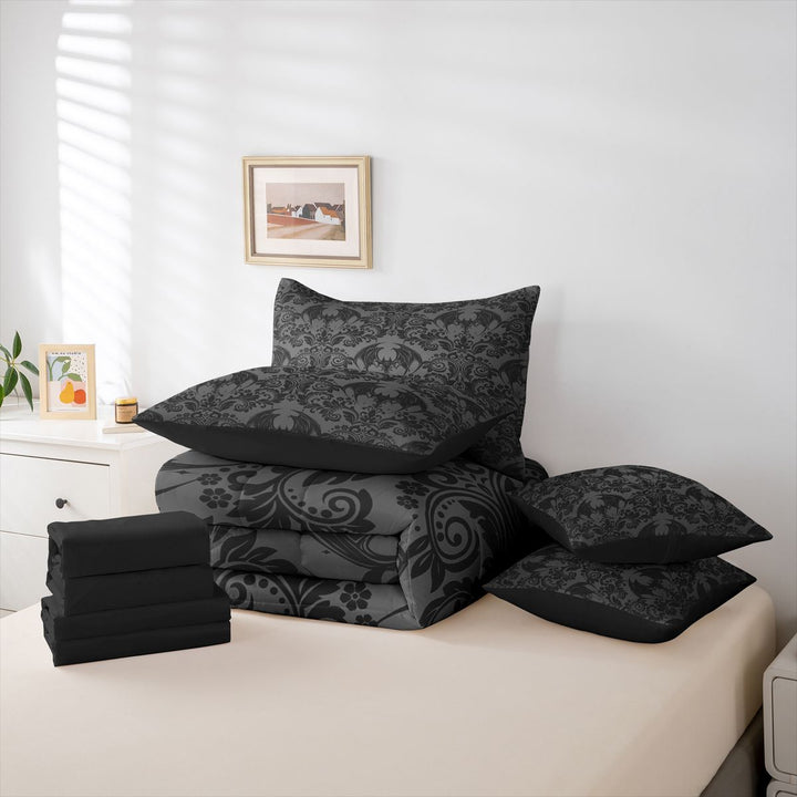meiyoeat Spooky Gothic Bat 7-Piece King Bedding,Gray Classic Damask Floral King Bed in a Bag For Adults, Black Gray,Black Reversible