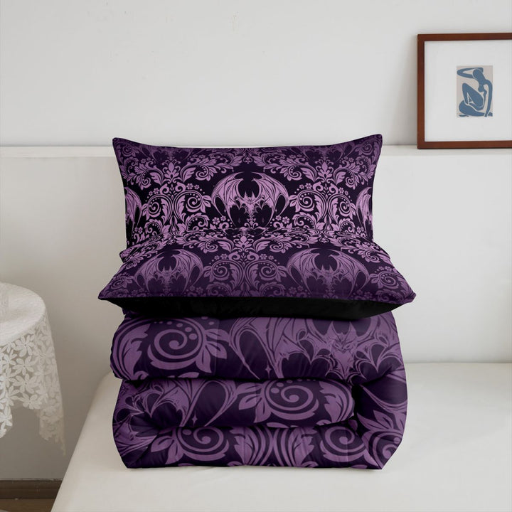 meiyoeat Vintage Damask Print King Size Comforter Sets For Adults,Gothic Bat Comforters King Size For Men Women, Purple Black,Black Reversible,3 Pieces