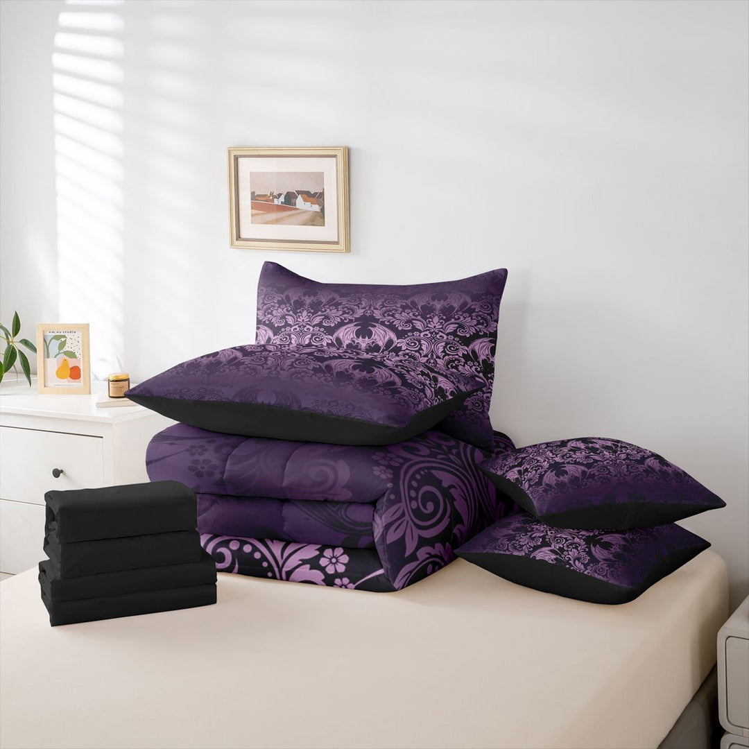 meiyoeat Vintage Damask Print 7-Piece King Bedding For Adults,Gothic Bat King Bed in a Bag For Men Women, Purple Black,Black Reversible
