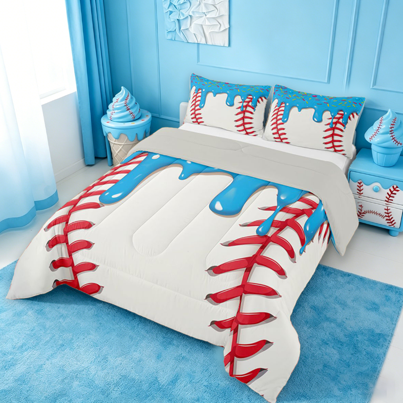 meiyoeat Baseball Ice Cream Full Size Comforter Sets For Kids,Kids Ball Games Bedding Comforter Set For Boys,Light Gray Reversible,3 Pieces