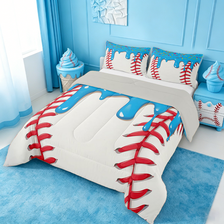 meiyoeat Baseball Ice Cream Full Size Comforter Sets For Kids,Kids Ball Games Bedding Comforter Set For Boys,Light Gray Reversible,3 Pieces