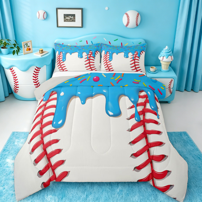 meiyoeat Baseball Ice Cream Full Size Comforter Sets For Kids,Kids Ball Games Bedding Comforter Set For Boys,Light Gray Reversible,3 Pieces