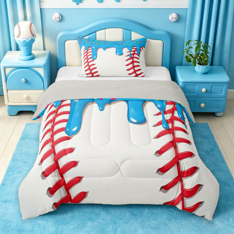 meiyoeat Baseball Ice Cream Full Size Comforter Sets For Kids,Kids Ball Games Bedding Comforter Set For Boys,Light Gray Reversible,3 Pieces