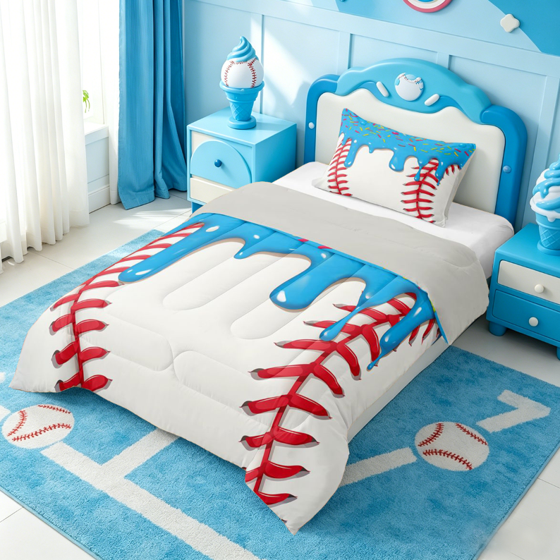 meiyoeat Baseball Ice Cream Full Size Comforter Sets For Kids,Kids Ball Games Bedding Comforter Set For Boys,Light Gray Reversible,3 Pieces