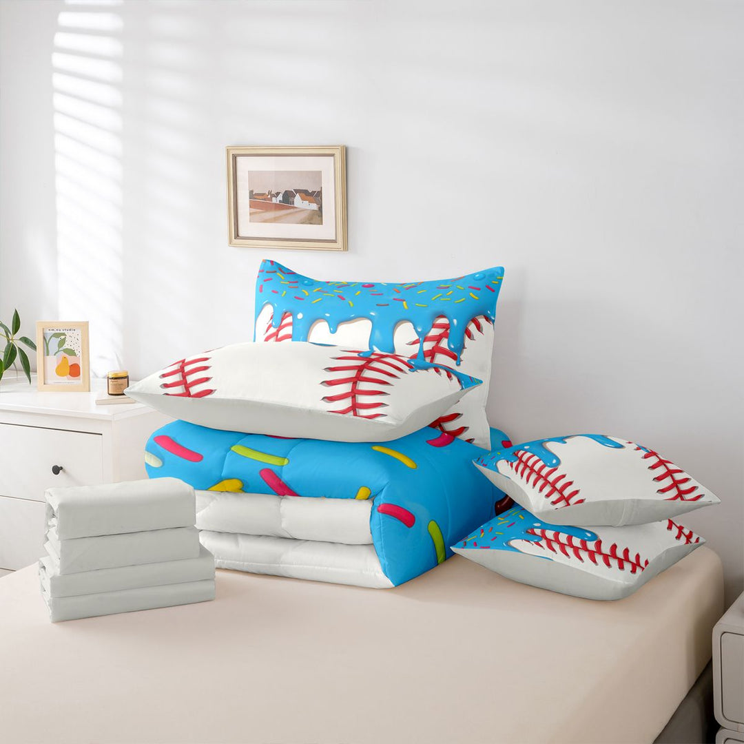 meiyoeat Baseball Ice Cream 7 Pieces Full Size Bedding Sets For Kids,Kids Ball Games Full Size Bed in a Bag For Boys,Light Gray Reversible