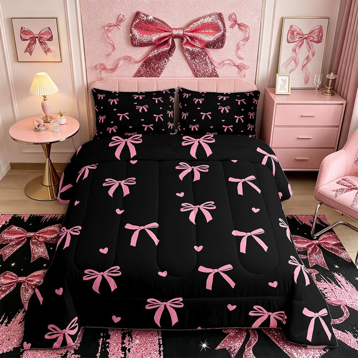 Meiyoeat Cute Ribbon Bow Full Size Comforter Sets 3-Piece for Teens, Love Heart Print Bedding Comforter Set, Pink Black,Black Reversible