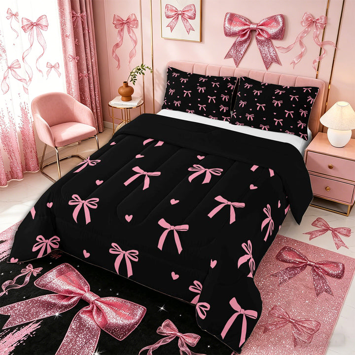 Meiyoeat Cute Ribbon Bow Full Size Comforter Sets 3-Piece for Teens, Love Heart Print Bedding Comforter Set, Pink Black,Black Reversible