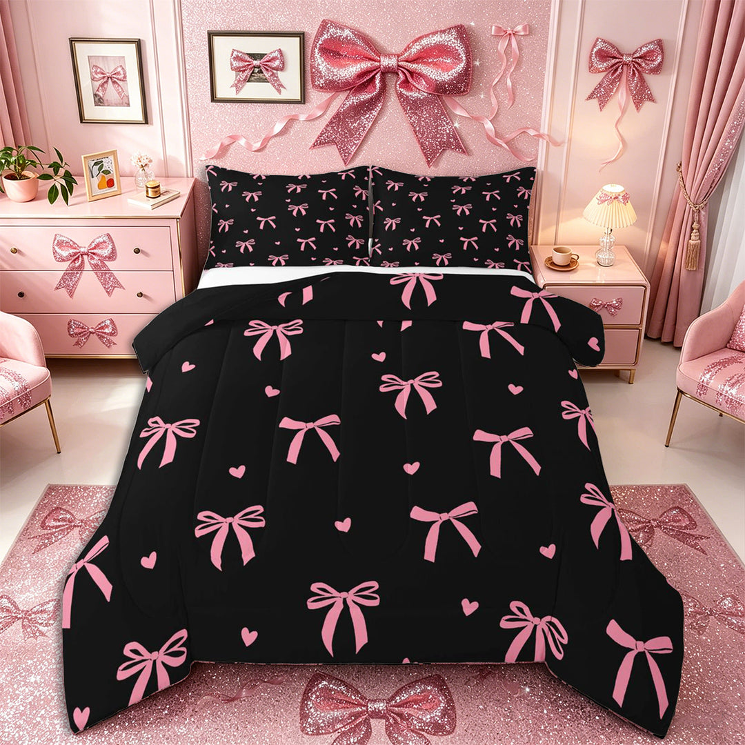 Meiyoeat Cute Ribbon Bow Full Size Comforter Sets 3-Piece for Teens, Love Heart Print Bedding Comforter Set, Pink Black,Black Reversible