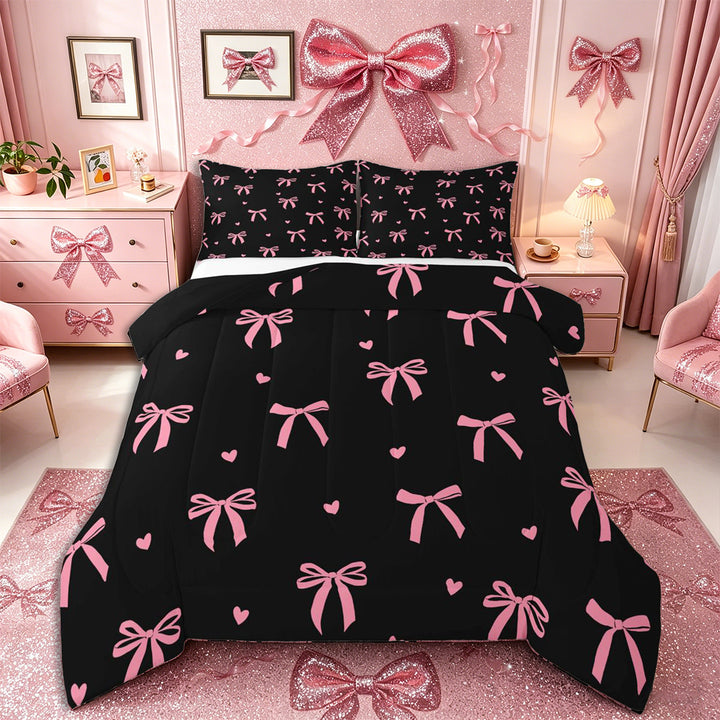 Meiyoeat Cute Ribbon Bow Full Size Comforter Sets 3-Piece for Teens, Love Heart Print Bedding Comforter Set, Pink Black,Black Reversible