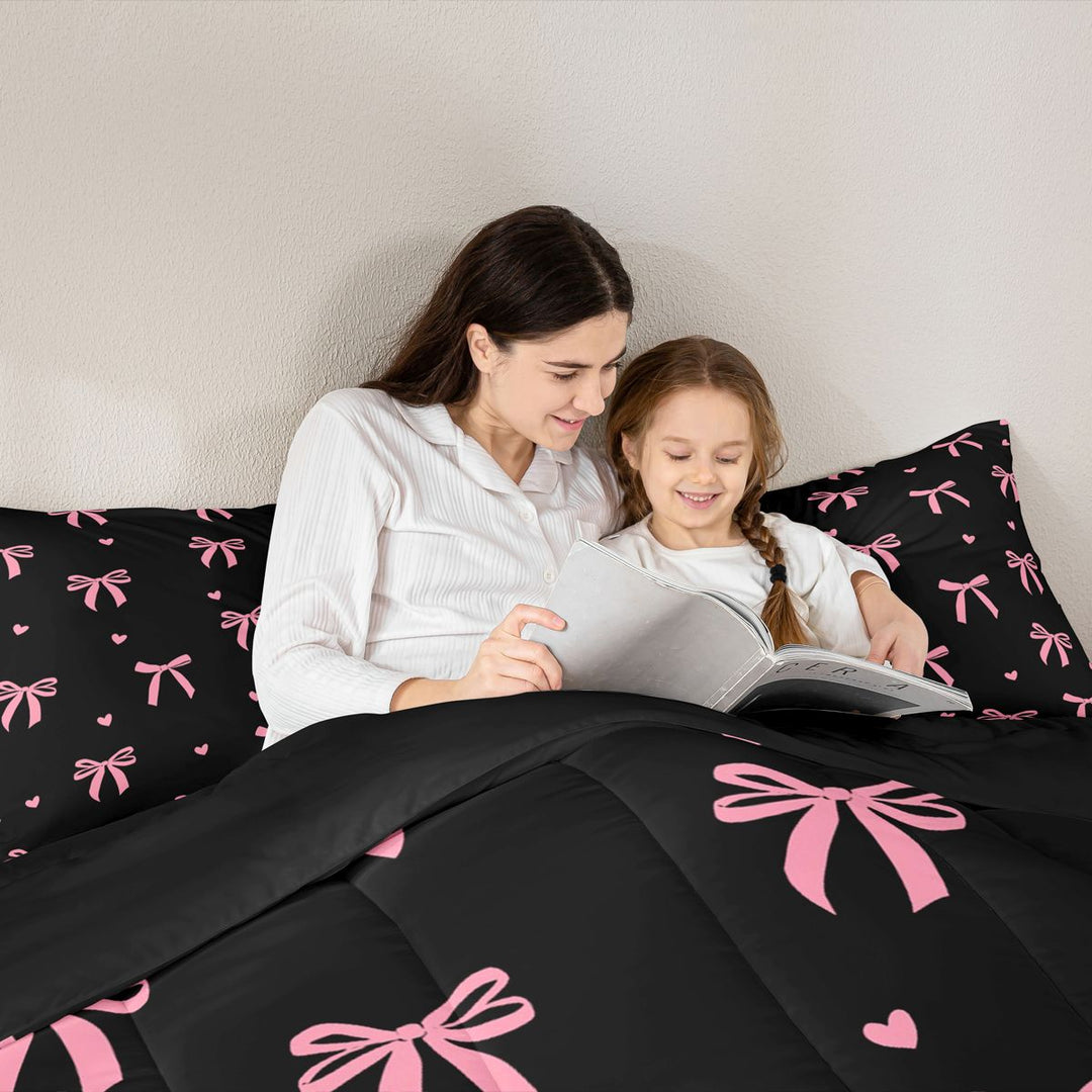 Meiyoeat Cute Ribbon Bow Full Size Comforter Sets 3-Piece for Teens, Love Heart Print Bedding Comforter Set, Pink Black,Black Reversible