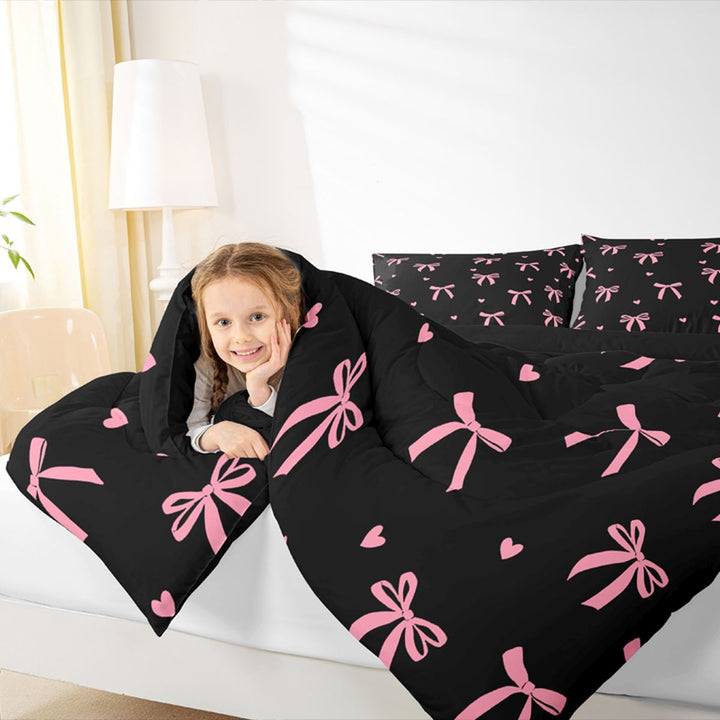 Meiyoeat Cute Ribbon Bow Full Size Comforter Sets 3-Piece for Teens, Love Heart Print Bedding Comforter Set, Pink Black,Black Reversible