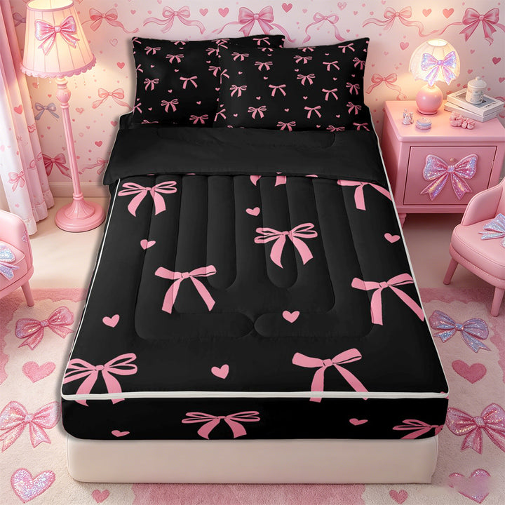 Meiyoeat Cute Ribbon Bow Zipper Full Size Comforter Sets with Fitted Sheet and 2 Pillowcases for Teens, Love Heart Print Zipper Bedding Set, Pink Black,4pcs,Black Reversible