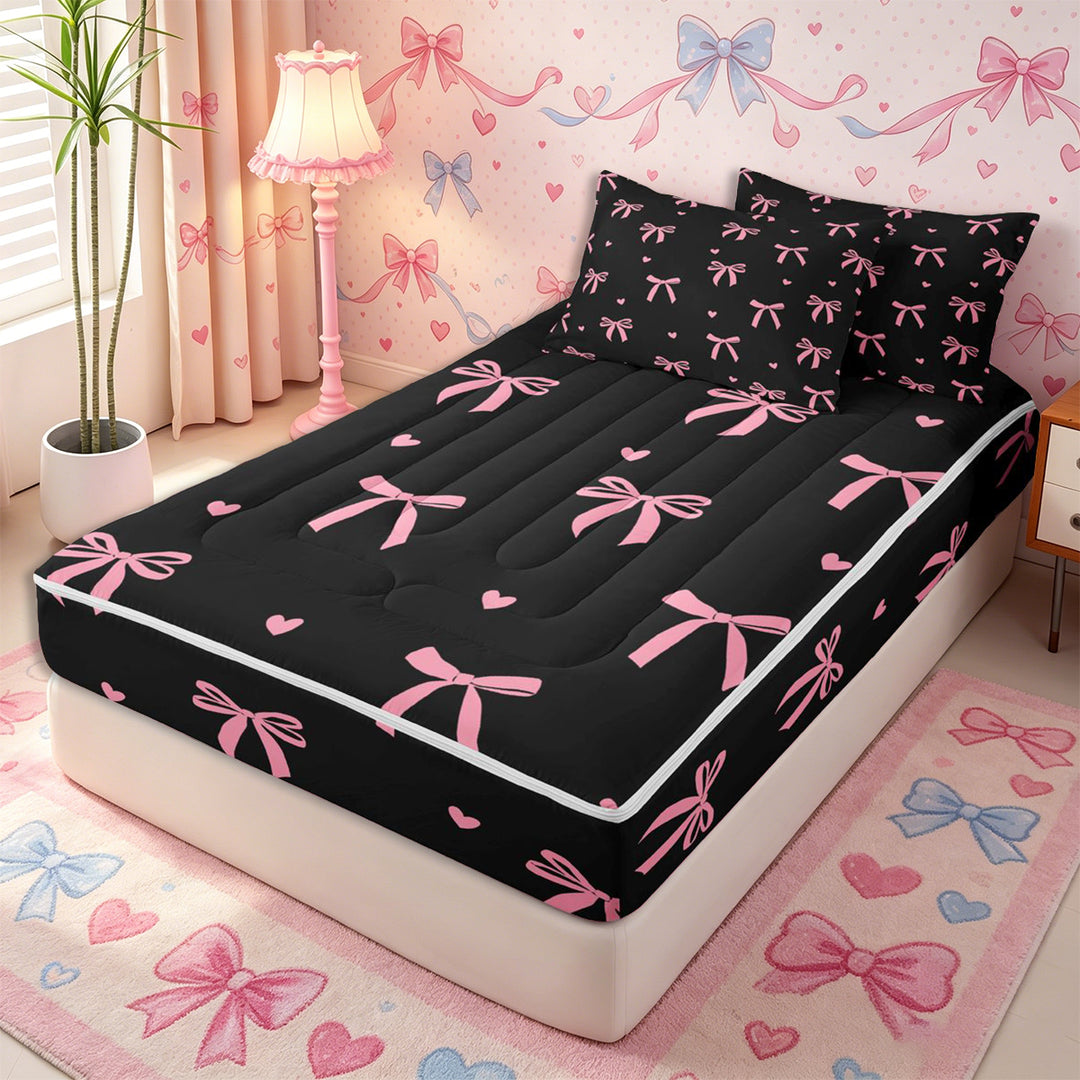 Meiyoeat Cute Ribbon Bow Zipper Full Size Comforter Sets with Fitted Sheet and 2 Pillowcases for Teens, Love Heart Print Zipper Bedding Set, Pink Black,4pcs,Black Reversible