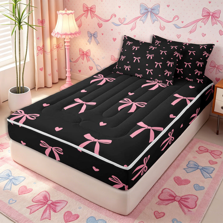 Meiyoeat Cute Ribbon Bow Zipper Full Size Comforter Sets with Fitted Sheet and 2 Pillowcases for Teens, Love Heart Print Zipper Bedding Set, Pink Black,4pcs,Black Reversible