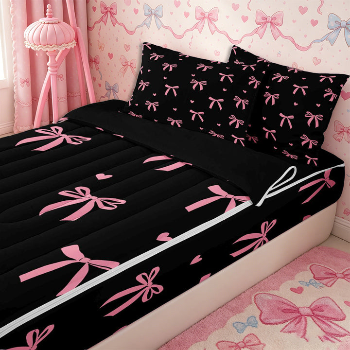 Meiyoeat Cute Ribbon Bow Zipper Full Size Comforter Sets with Fitted Sheet and 2 Pillowcases for Teens, Love Heart Print Zipper Bedding Set, Pink Black,4pcs,Black Reversible