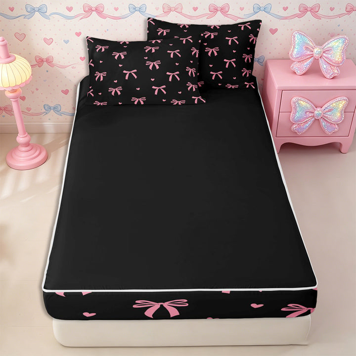 Meiyoeat Cute Ribbon Bow Zipper Full Size Comforter Sets with Fitted Sheet and 2 Pillowcases for Teens, Love Heart Print Zipper Bedding Set, Pink Black,4pcs,Black Reversible