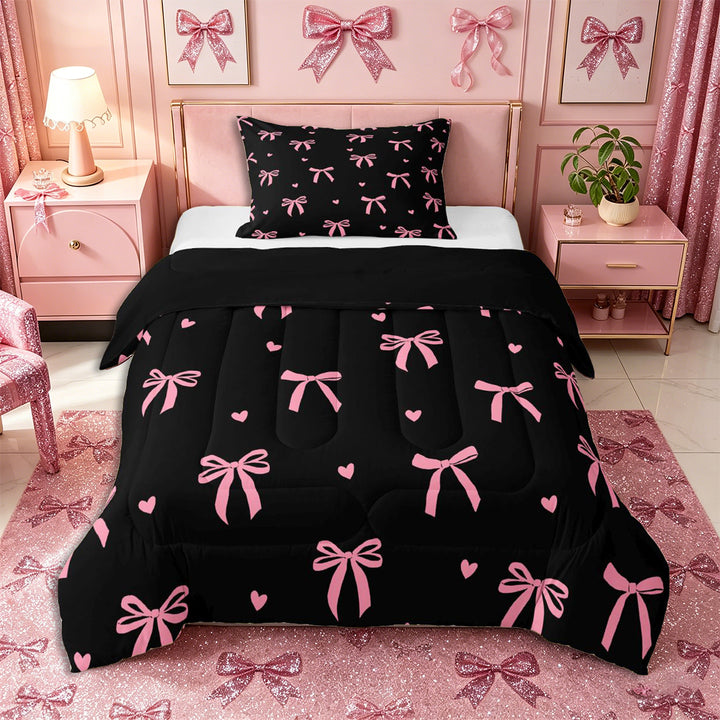 Meiyoeat Cute Ribbon Bow Full Size Comforter Sets 3-Piece for Teens, Love Heart Print Bedding Comforter Set, Pink Black,Black Reversible
