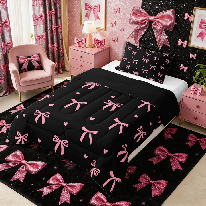 Meiyoeat Cute Ribbon Bow Full Size Comforter Sets 3-Piece for Teens, Love Heart Print Bedding Comforter Set, Pink Black,Black Reversible