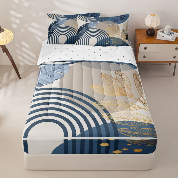 meiyoeat Boho Geometric Print Zipper Full Size Comforter Sets with Fitted Sheet and 2 Pillowcases For Adults,Tropical Monstera Leaf Print Zipper Bedding Set For Women,Reversible,4-Piece