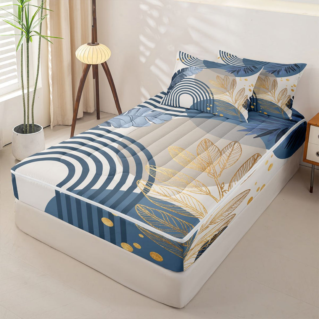meiyoeat Boho Geometric Print Zipper Full Size Comforter Sets with Fitted Sheet and 2 Pillowcases For Adults,Tropical Monstera Leaf Print Zipper Bedding Set For Women,Reversible,4-Piece