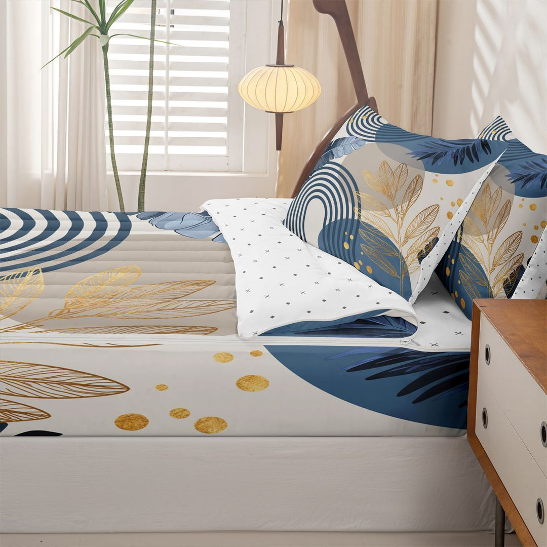 meiyoeat Boho Geometric Print Zipper Full Size Comforter Sets with Fitted Sheet and 2 Pillowcases For Adults,Tropical Monstera Leaf Print Zipper Bedding Set For Women,Reversible,4-Piece