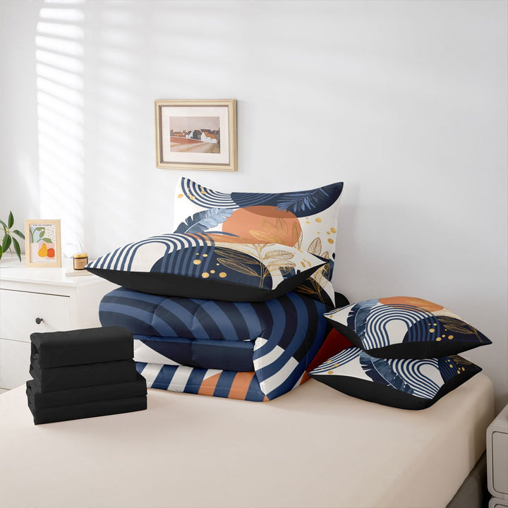 meiyoeat Bohemian Exotic Style 7-Piece King Bedding For Girls,Tropical Abstract Art King Bed in a Bag,Black Reversible