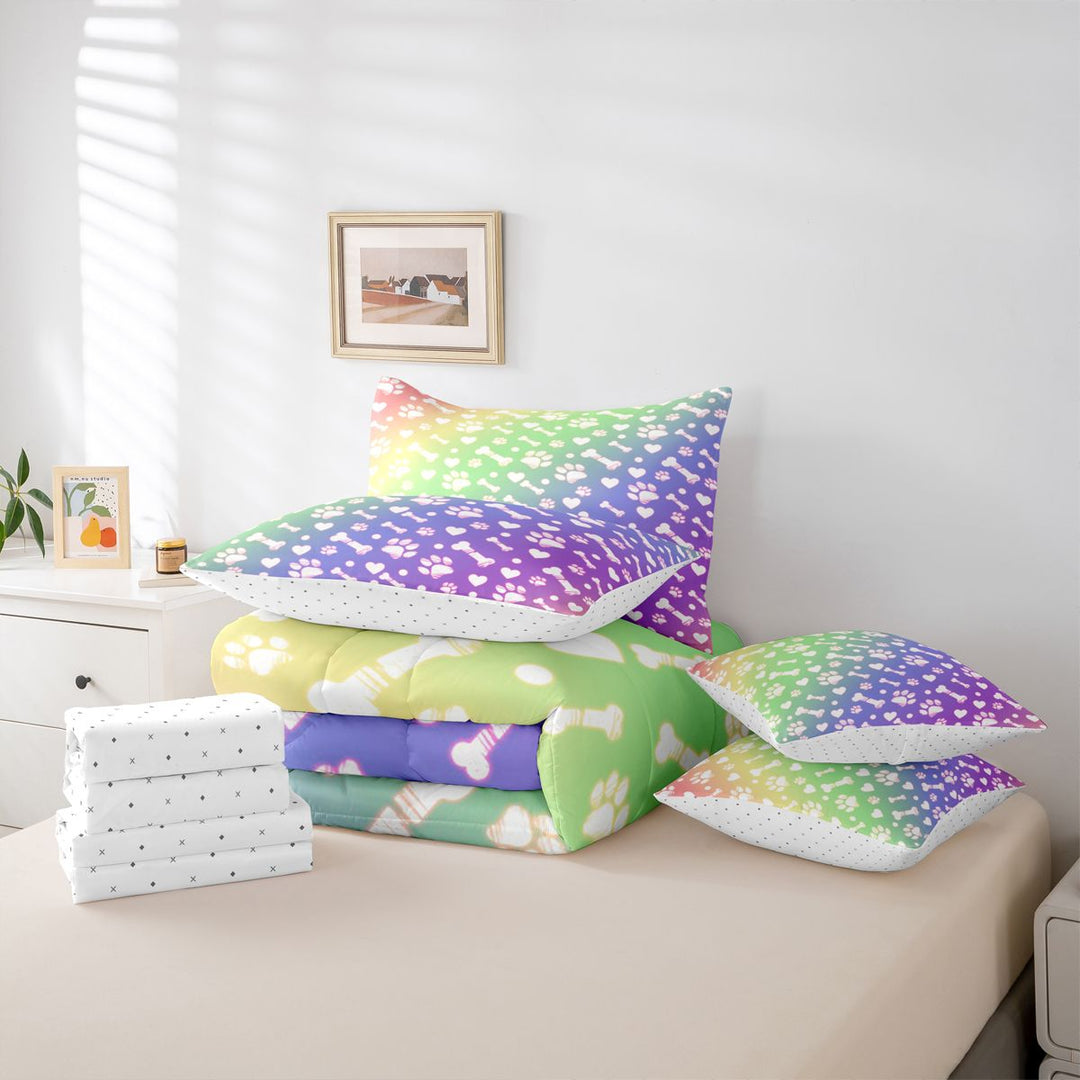 meiyoeat Rainbow Dog Paw Pattern 7 Pieces Full Size Bedding Sets,Cute Pet Print Full Size Bed in a Bag For Girl,Reversible