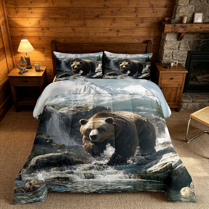 meiyoeat Wild Bear King Size Comforter Sets, Nature Mountain Waterfall Bedding Comforter Set, Brown Green, Black Reversible 3 Pieces, 1 Comforter and 2 Pillowcases