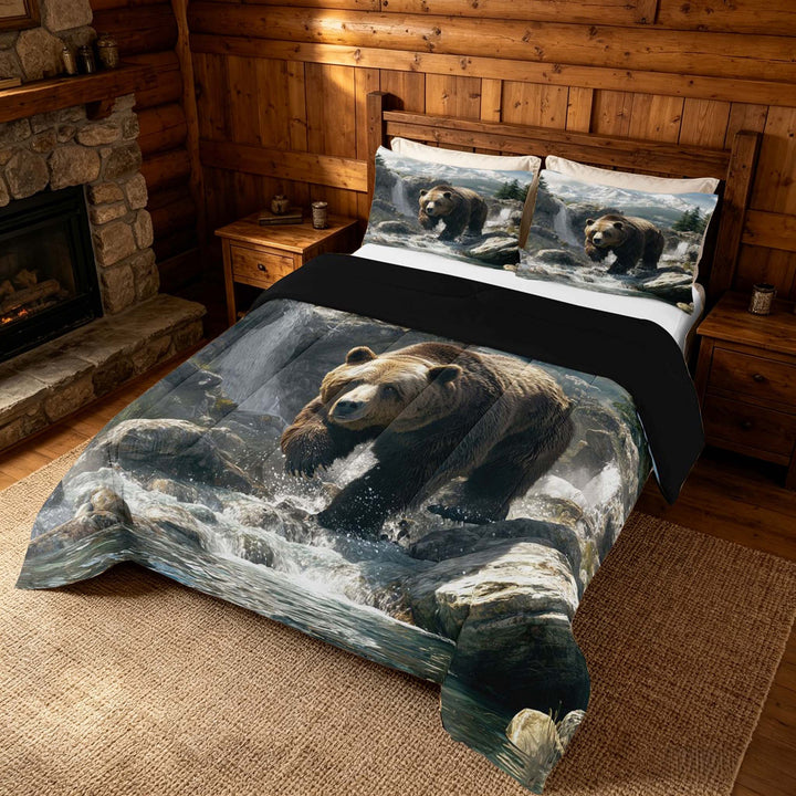meiyoeat Wild Bear King Size Comforter Sets, Nature Mountain Waterfall Bedding Comforter Set, Brown Green, Black Reversible 3 Pieces, 1 Comforter and 2 Pillowcases