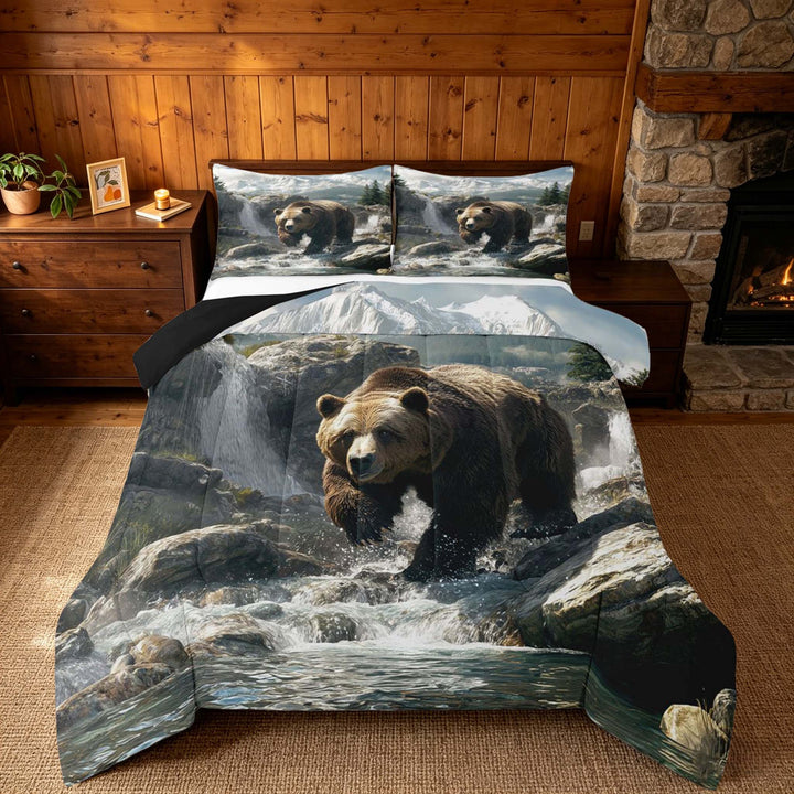 meiyoeat Wild Bear King Size Comforter Sets, Nature Mountain Waterfall Bedding Comforter Set, Brown Green, Black Reversible 3 Pieces, 1 Comforter and 2 Pillowcases