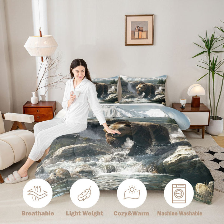 meiyoeat Wild Bear King Size Comforter Sets, Nature Mountain Waterfall Bedding Comforter Set, Brown Green, Black Reversible 3 Pieces, 1 Comforter and 2 Pillowcases