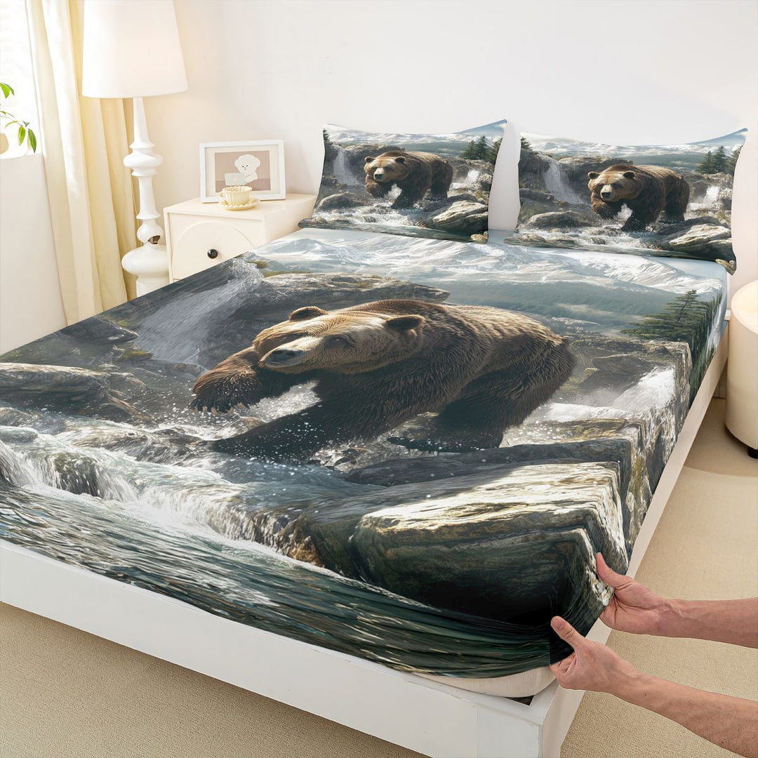 meiyoeat Wild Bear Bed Sheets, Nature Mountain Waterfall King Sheets, Brown Green, 4 Pieces, 1 Flat Sheet, 1 Fitted Sheet and 2 Pillowcases