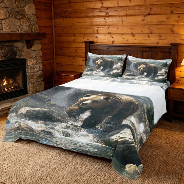meiyoeat Wild Bear Bed Sheets, Nature Mountain Waterfall King Sheets, Brown Green, 4 Pieces, 1 Flat Sheet, 1 Fitted Sheet and 2 Pillowcases