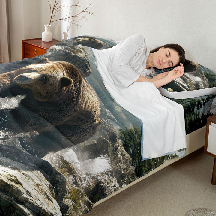 meiyoeat Wild Bear Bed Sheets, Nature Mountain Waterfall King Sheets, Brown Green, 4 Pieces, 1 Flat Sheet, 1 Fitted Sheet and 2 Pillowcases