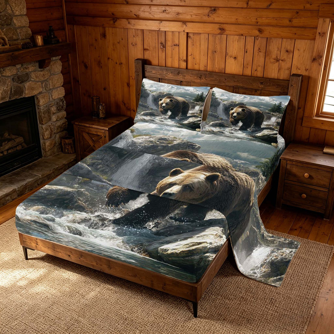 meiyoeat Wild Bear Bed Sheets, Nature Mountain Waterfall King Sheets, Brown Green, 4 Pieces, 1 Flat Sheet, 1 Fitted Sheet and 2 Pillowcases