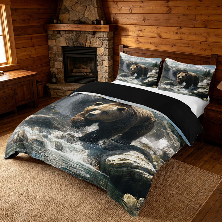 meiyoeat Wild Bear King Duvet Cover Set, Nature Mountain Waterfall Bedding, Brown Green, Black Reversible3 Pieces, 1 Duvet Cover and 2 Pillowcases