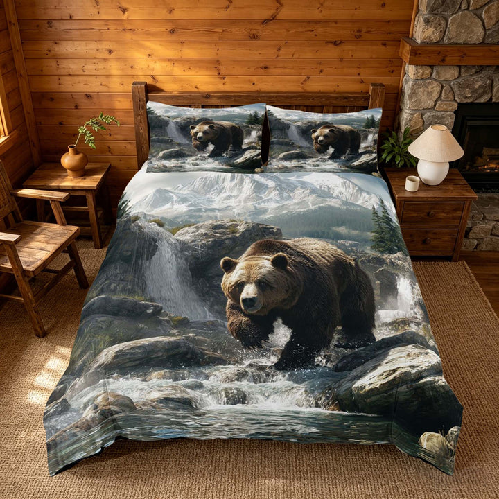 meiyoeat Wild Bear King Duvet Cover Set, Nature Mountain Waterfall Bedding, Brown Green, Black Reversible3 Pieces, 1 Duvet Cover and 2 Pillowcases