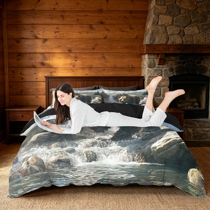meiyoeat Wild Bear King Duvet Cover Set, Nature Mountain Waterfall Bedding, Brown Green, Black Reversible3 Pieces, 1 Duvet Cover and 2 Pillowcases