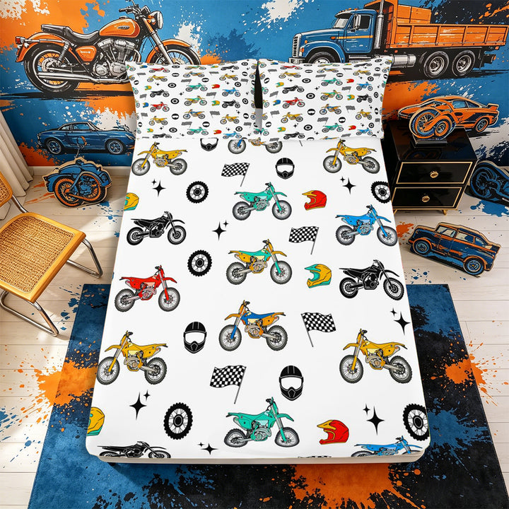 Meiyoeat Dirt Bike Pattern Bed Sheets 4-Piece for Boys,Helmet Art Full Size Sheets,Red Teal Black,1 Fitted Sheet,1 Flat Sheet and 2 Pillowcases