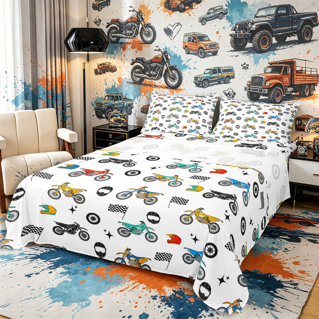 Meiyoeat Dirt Bike Pattern Bed Sheets 4-Piece for Boys,Helmet Art Full Size Sheets,Red Teal Black,1 Fitted Sheet,1 Flat Sheet and 2 Pillowcases