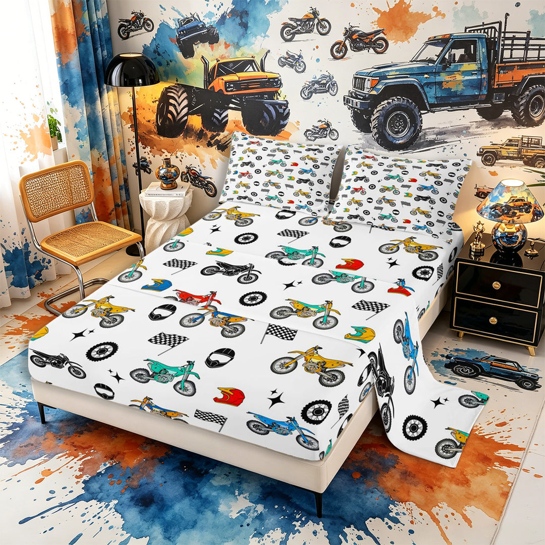 Meiyoeat Dirt Bike Pattern Bed Sheets 4-Piece for Boys,Helmet Art Full Size Sheets,Red Teal Black,1 Fitted Sheet,1 Flat Sheet and 2 Pillowcases